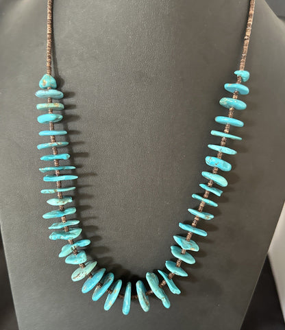 Navajo Kingman Turquoise Shell Heishi Sterling Silver Bead 24” Necklace 19633