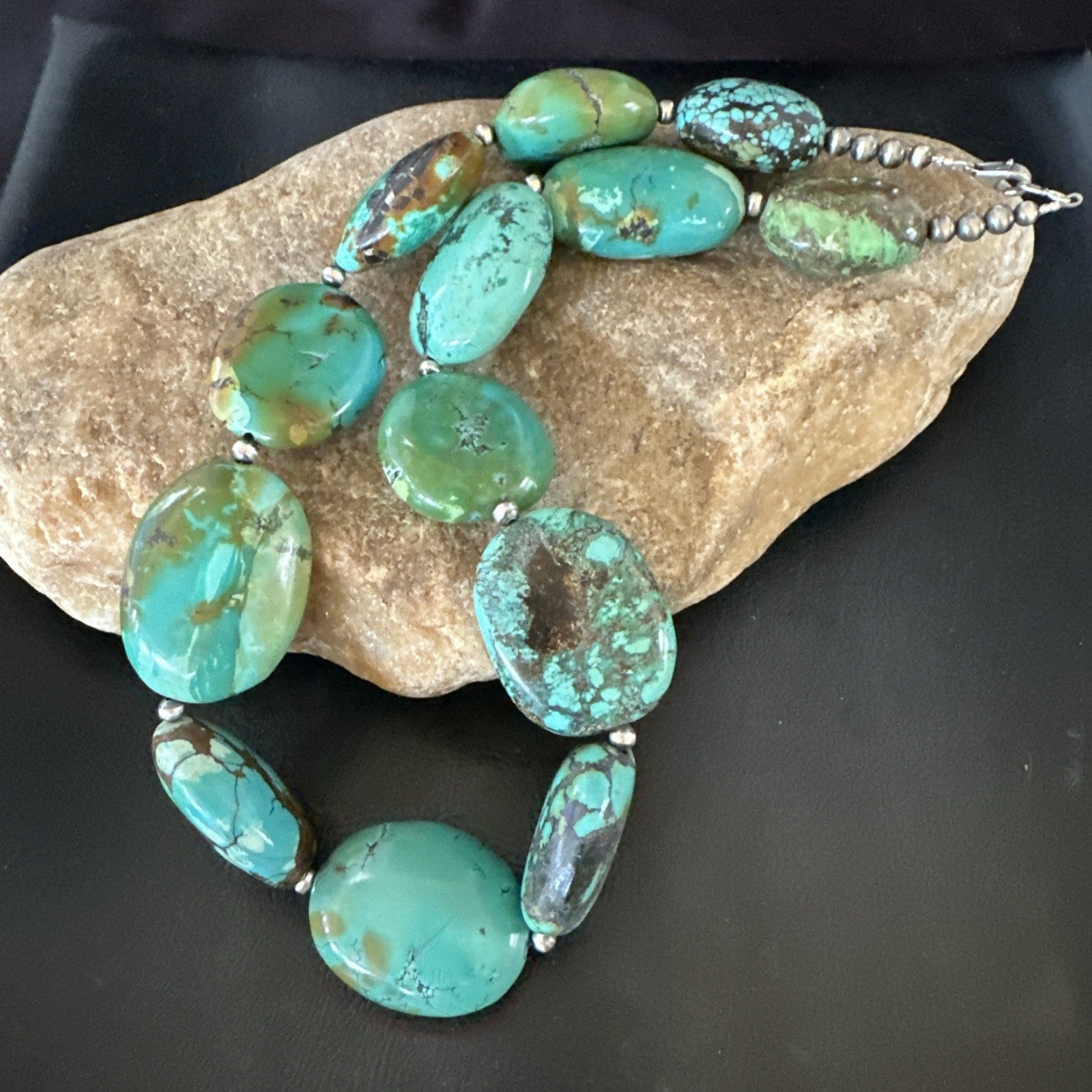 Blue Green Turquoise Nugget Chunky Navajo Sterling Silver Necklace 20” 19250