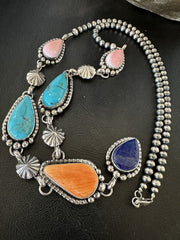 Multicolor Spiny Lapis Pendant Navajo Lariat Necklace 28" | Sterling Silver | Authentic Native American Handmade | 19439