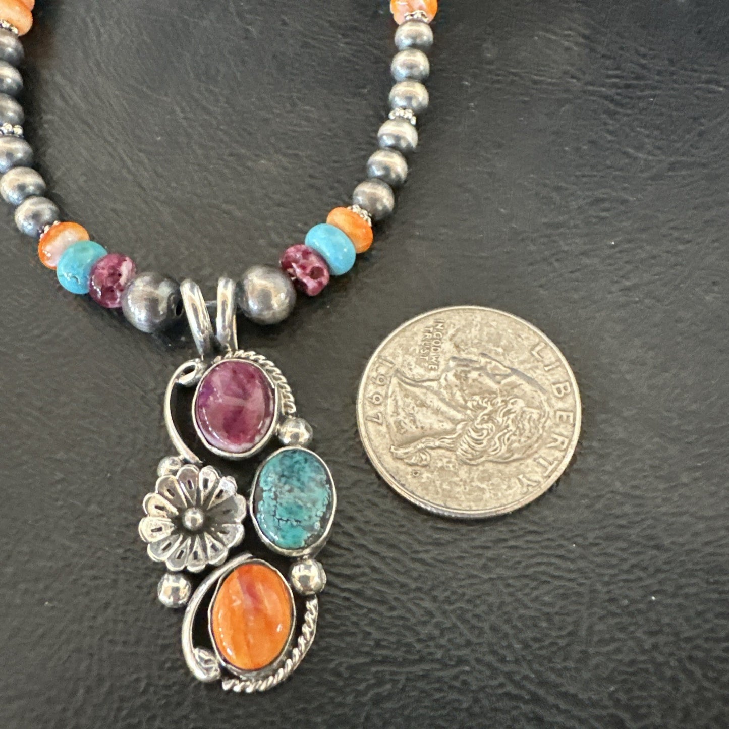 Multicolor Turquoise Spiny Navajo Sterling Silver Cluster Pendant Necklace 19642