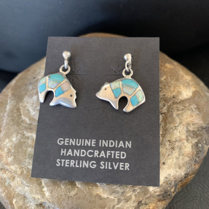 Womens Turquoise White Opal Inlay Navajo Sterling Silver Dangle Earrings 12773