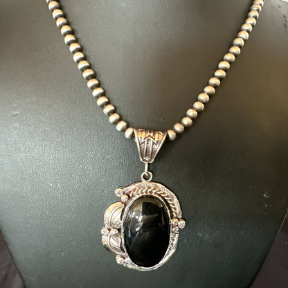 Mens Womens Black Onyx Pendant Navajo Sterling Silver Beads Necklace 18297