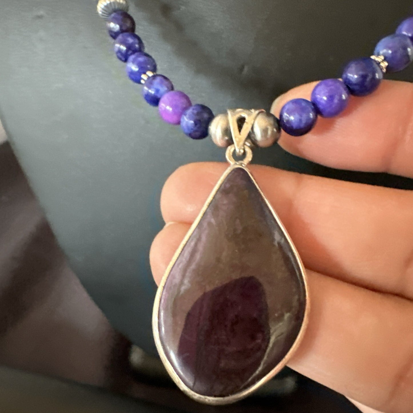 Purple Stone Pendant Navajo Pearls Sterling Silver Necklace 23" 17891