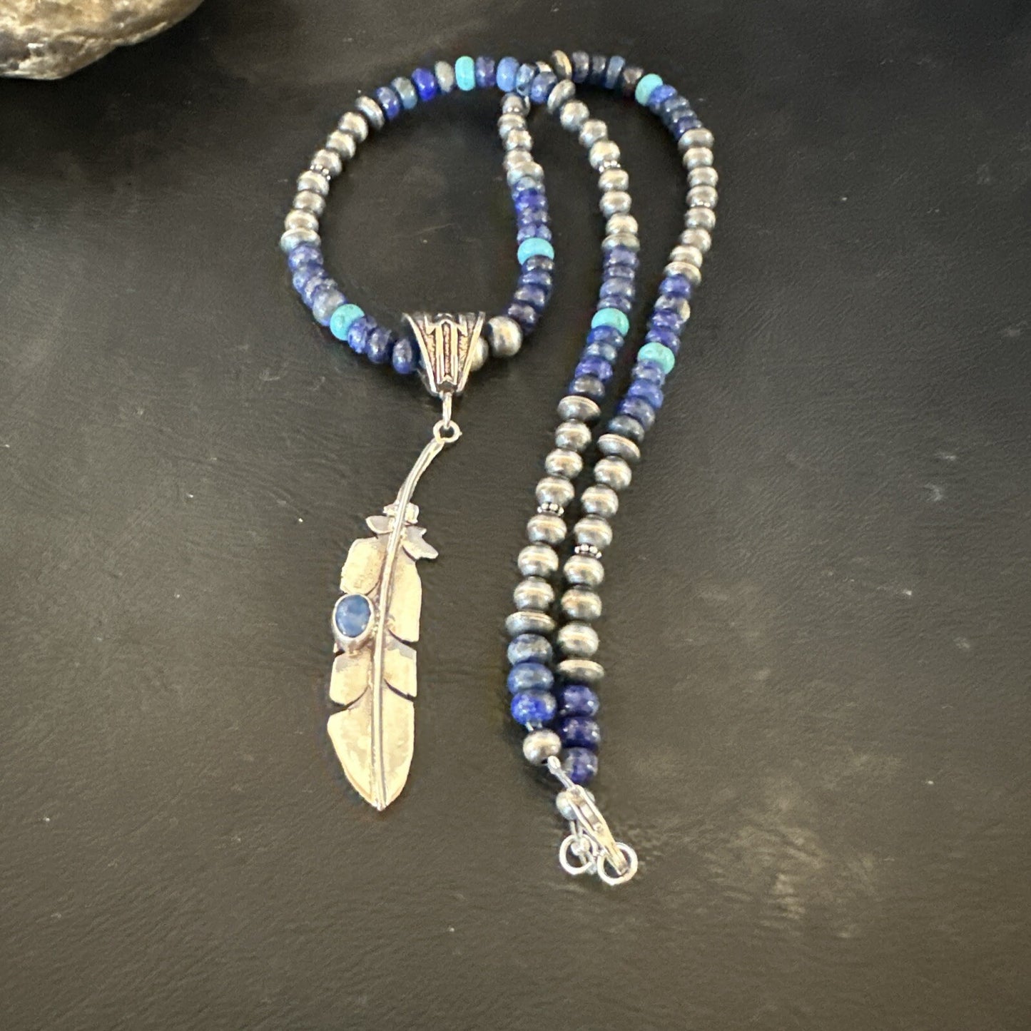 Blue Turquoise Lapis Feather Pendant Navajo Sterling Silver Necklace 21” 17789