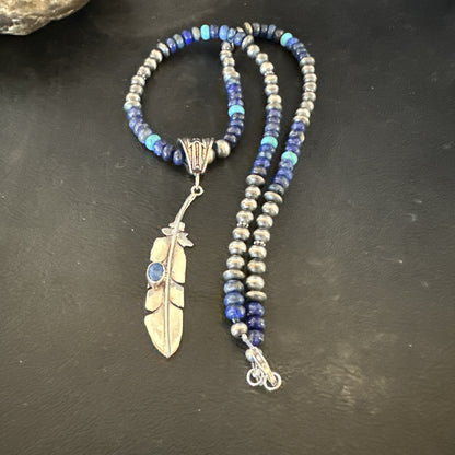 Blue Turquoise Lapis Feather Pendant Navajo Sterling Silver Necklace 21” 17789