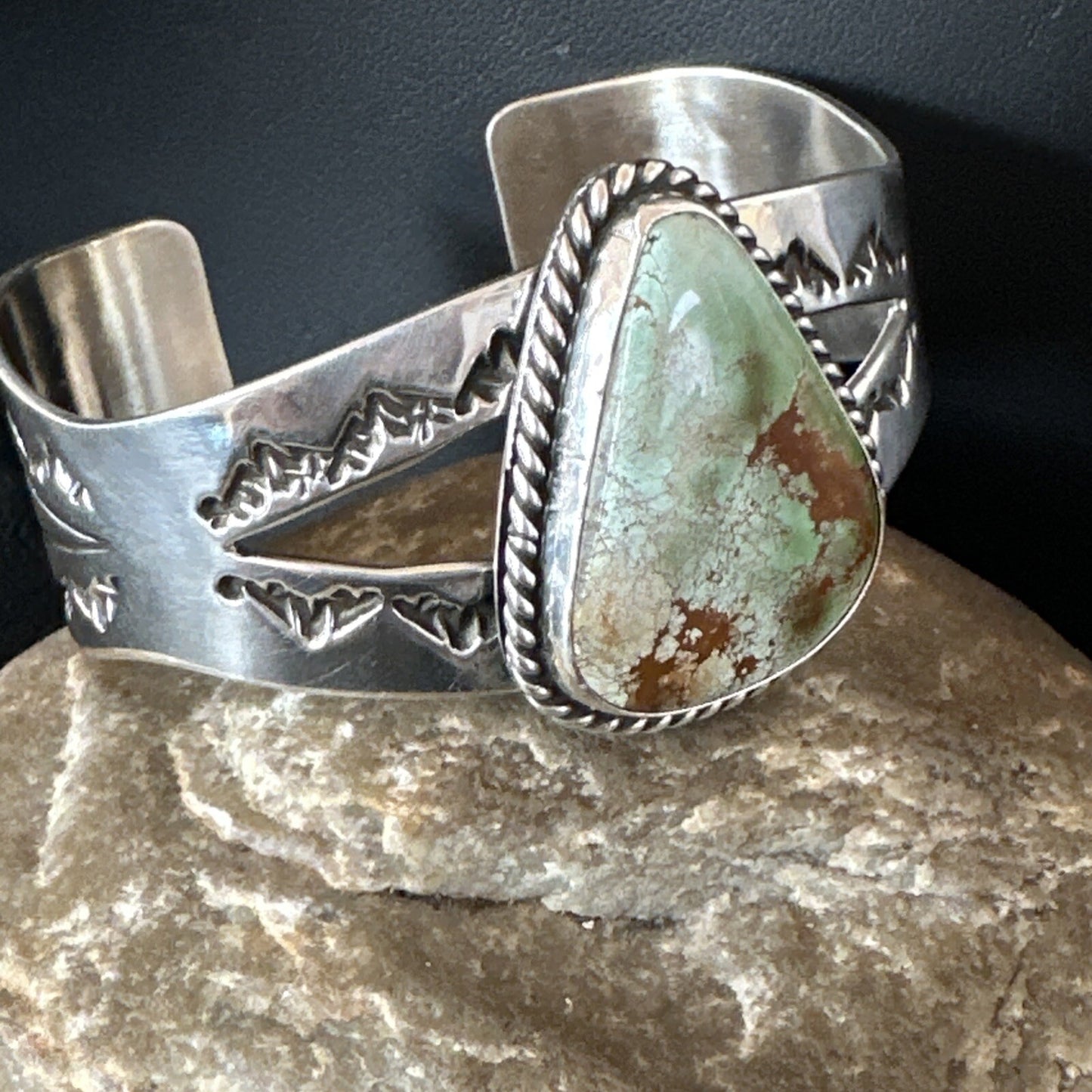 Navajo Green Royston TURQUOISE Stamped Sterling Silver Cuff Bracelet 18874