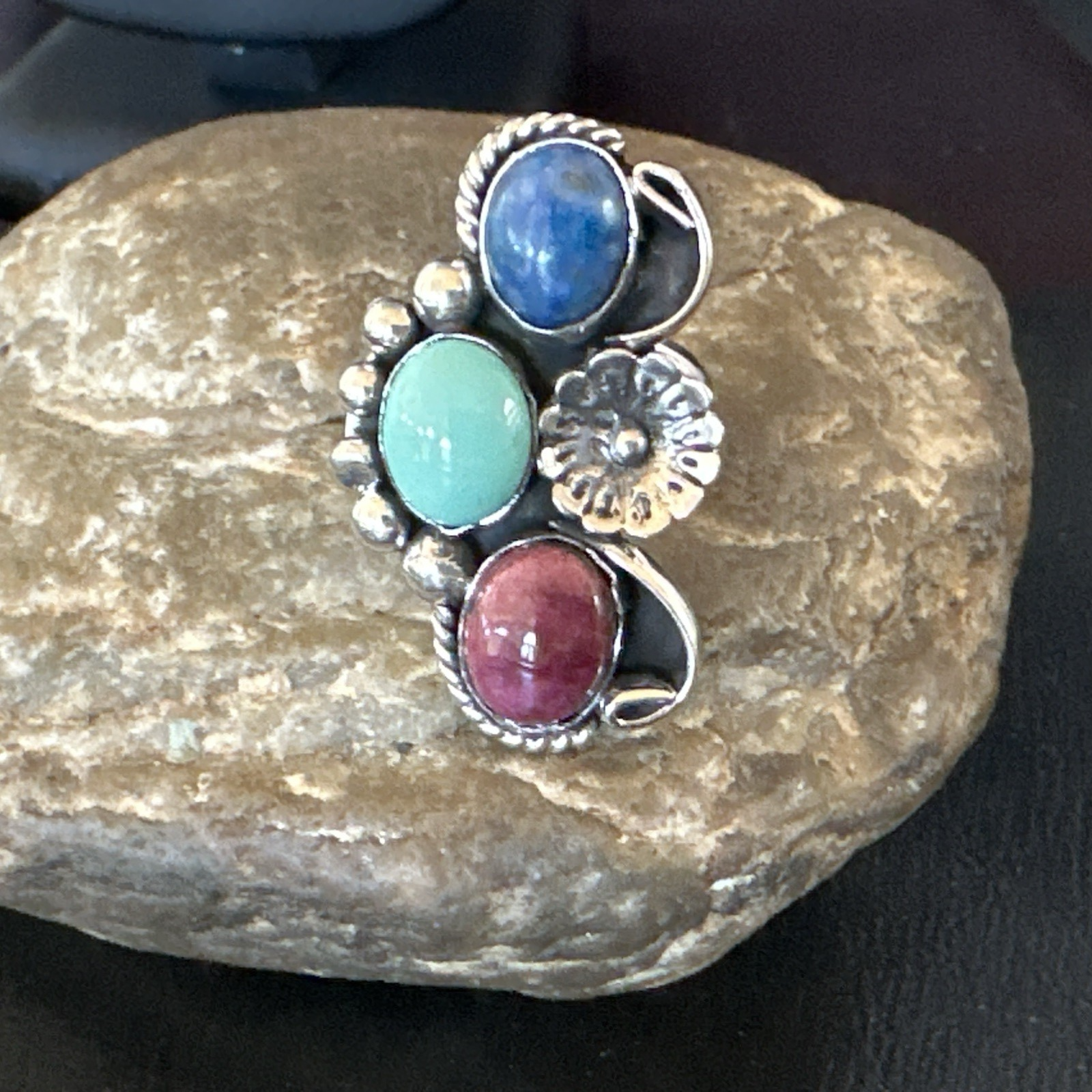 Multicolor Ring Turquoise Spiny Navajo Sterling Silver Cluster Size 8.5 19168
