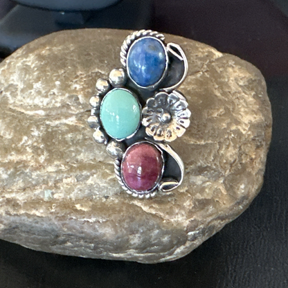 Multicolor Ring Turquoise Spiny Navajo Sterling Silver Cluster Size 8.5 19168