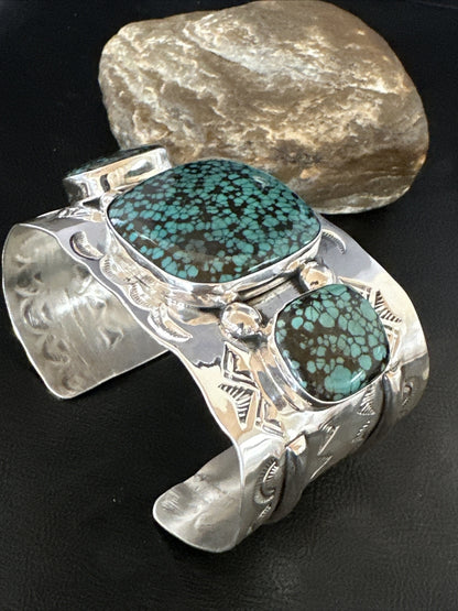 XL Blue Kingman Turquoise 3 Stone Navajo Sterling Silver Cuff Bracelet 18022