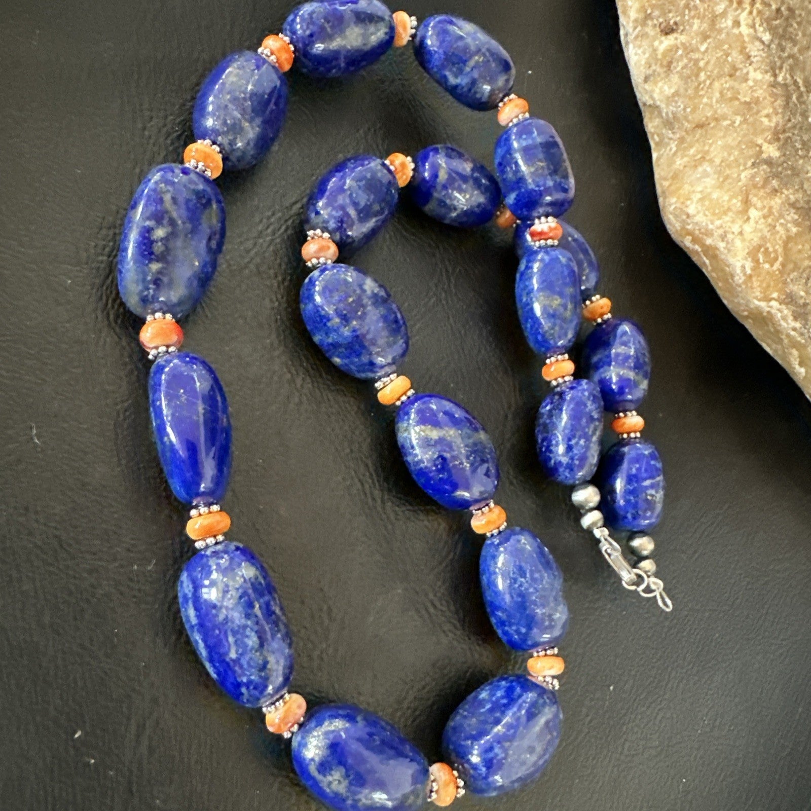 Blue Lapis Orange Spiny Chunky Southwestern Sterling Silver Necklace 20” 19258