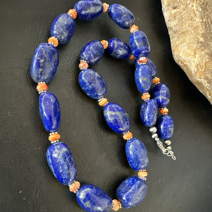Blue Lapis Orange Spiny Chunky Southwestern Sterling Silver Necklace 20” 19258
