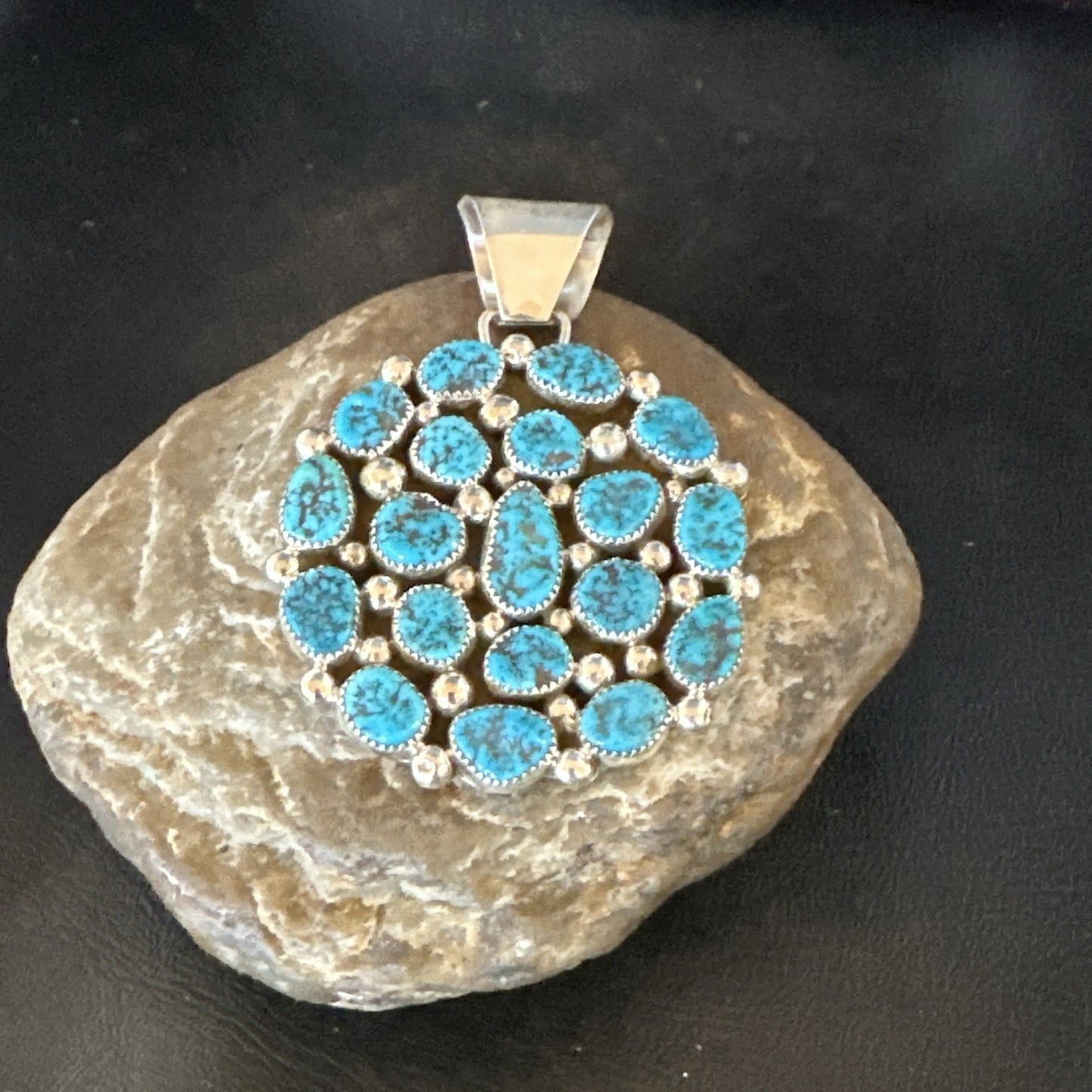 Cluster Kingman Turquoise Navajo Sterling Silver Necklace Pendant 2.75” 19082