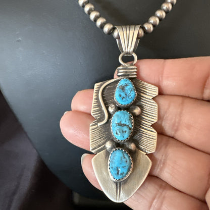 Mens Feather Kingman Turquoise Pendant Navajo Sterling Silver Necklace 17783