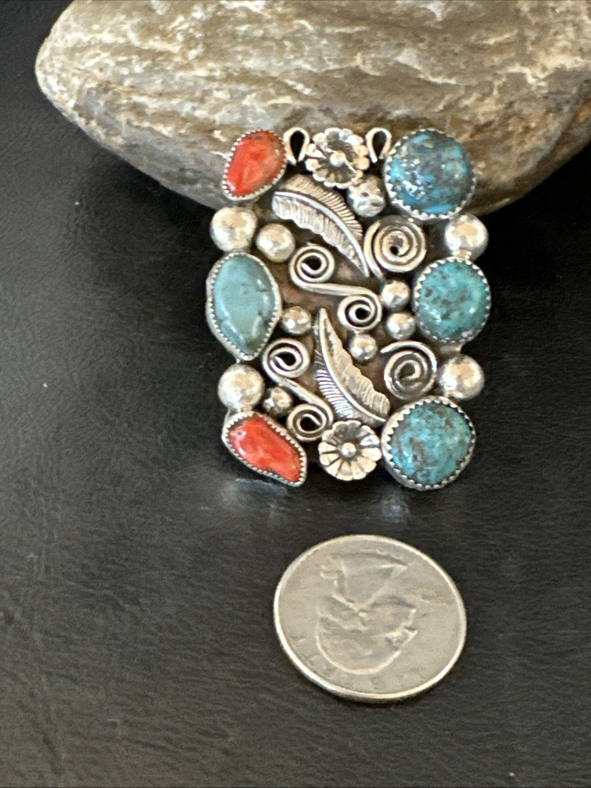 Navajo Blue Turquoise Coral Ring Multi-Stone Cluster Sz 10.5 19779