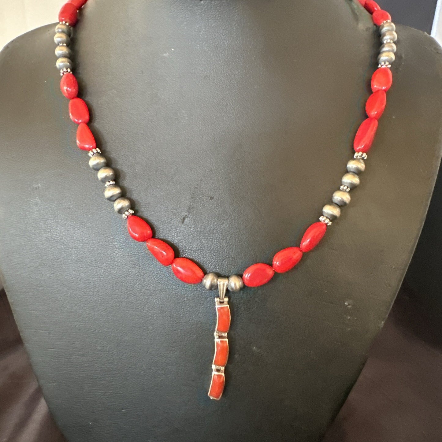 Red Coral Pendant Navajo Pearls Sterling Silver Necklace 23" 18363