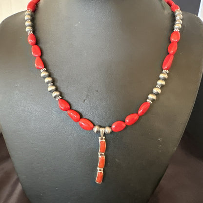 Red Coral Pendant Navajo Pearls Sterling Silver Necklace 23" 18363