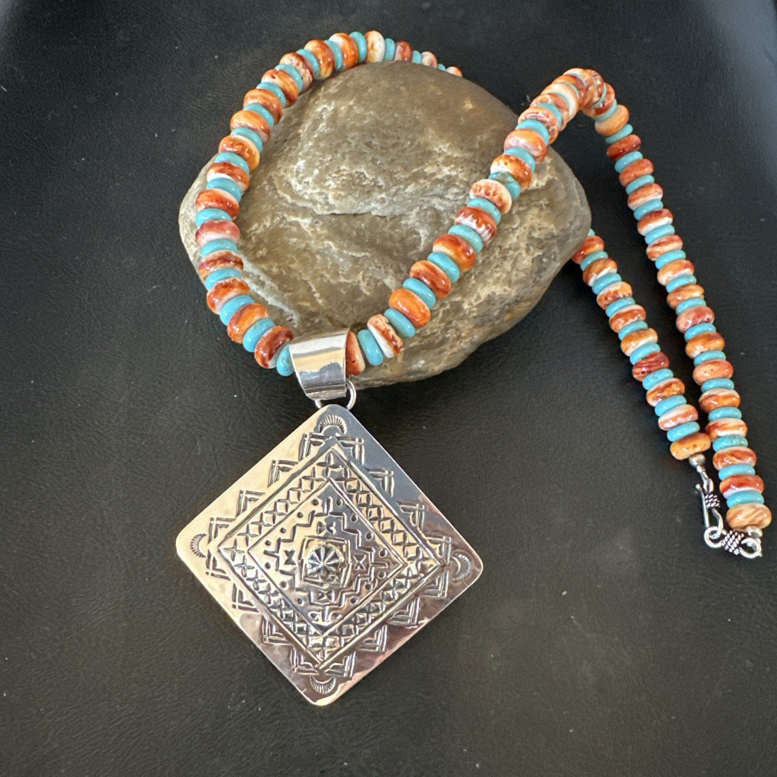 Orange Spiny Oyster Turquoise Navajo  Pendant Sterling Silver Necklace 21” 19043