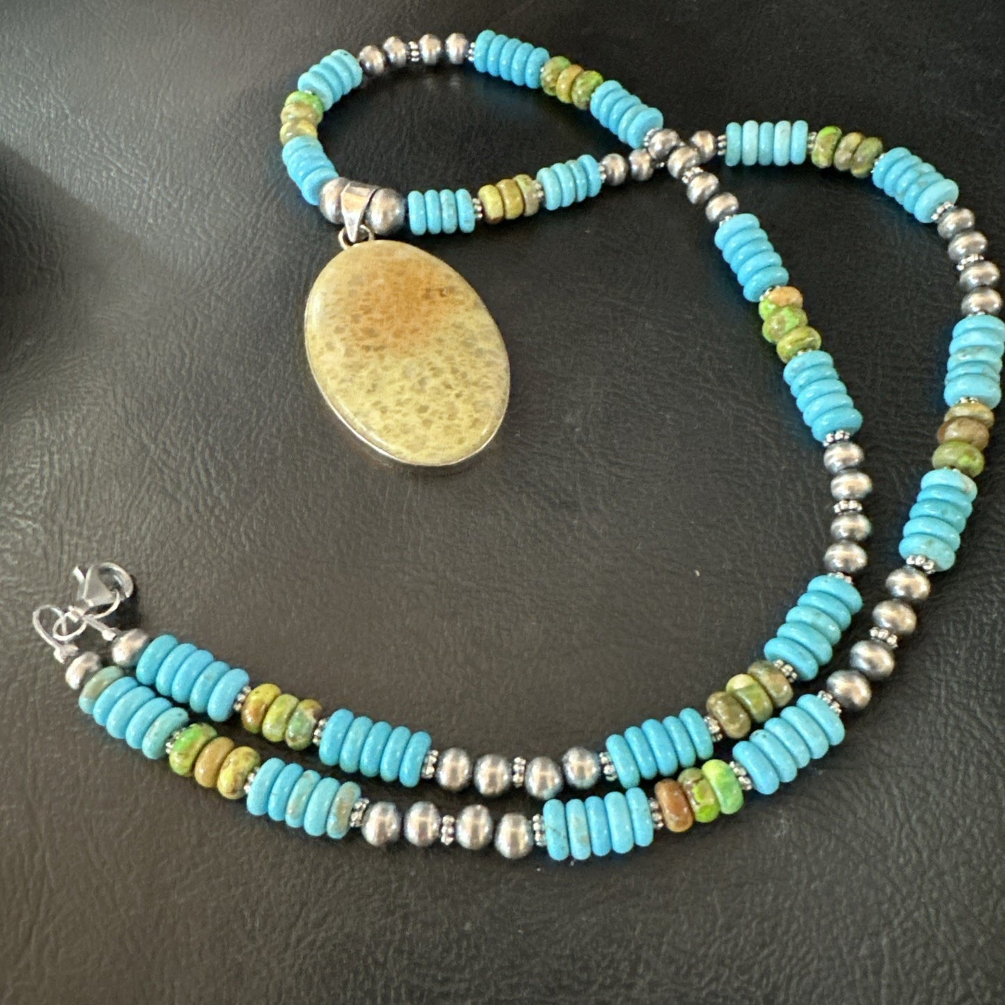 Green Gaspeite Pendant Blue Turquoise Navajo Sterling Silver Necklace 20" 19667
