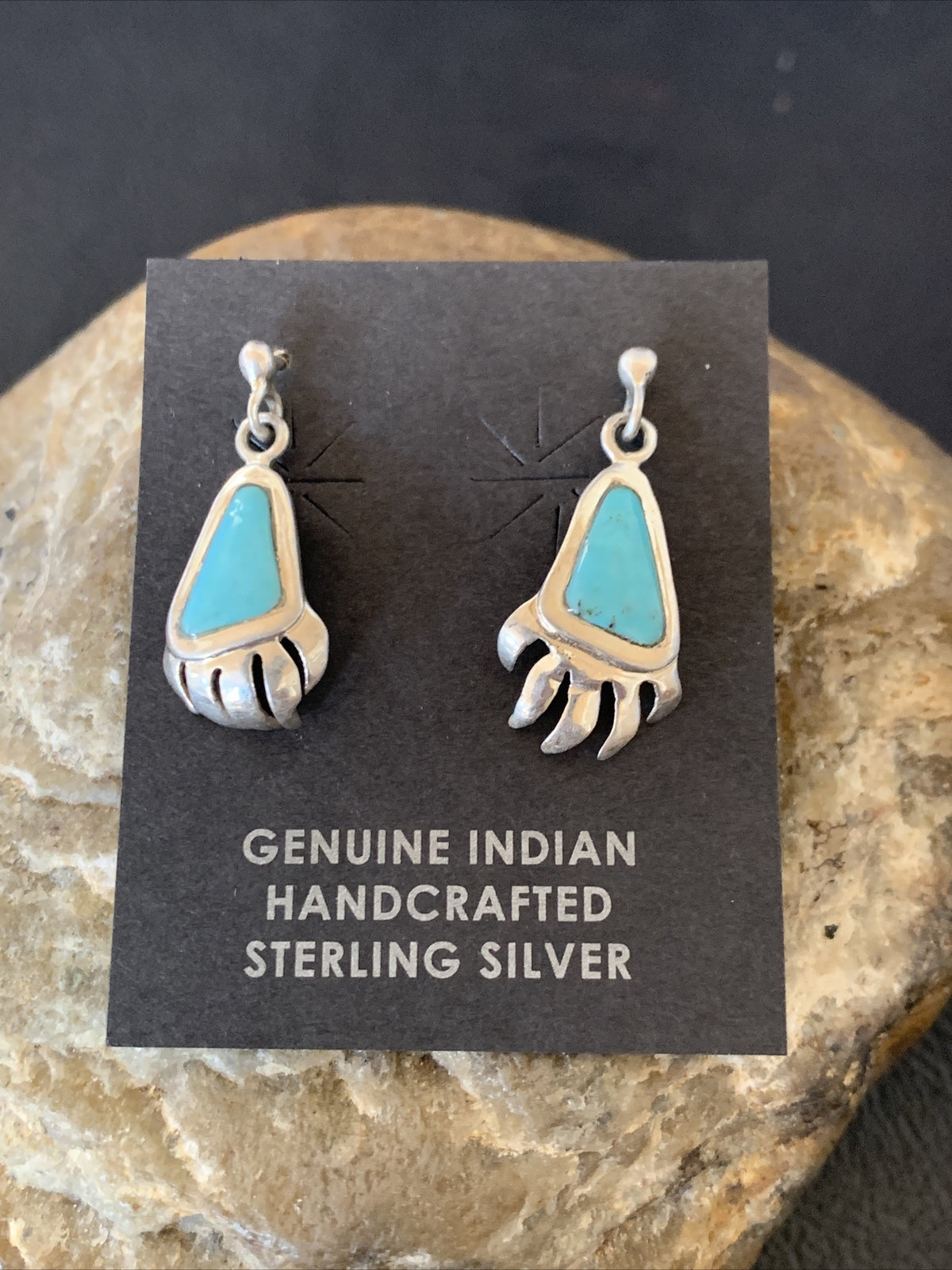 Turquoise BearPaw Inlay Navajo Sterling Silver Dangle Post Earrings 0.50" 12743