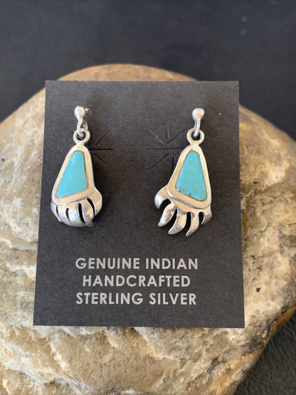 Turquoise BearPaw Inlay Navajo Sterling Silver Dangle Post Earrings 0.50" 12743