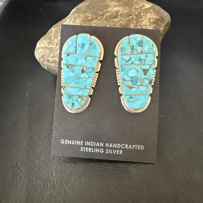 New Inlay Blue Kingman Turquoise Sterling Silver Earrings 1.5” 19097