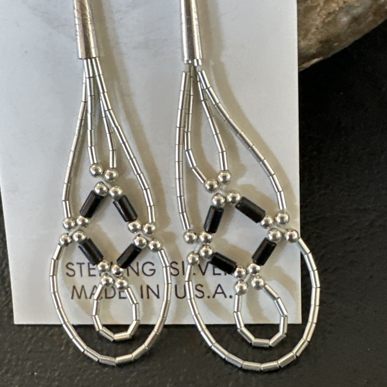 Black Onyx 2 Strands Heishi Liquid Sterling Silver Dangle Earrings 17935