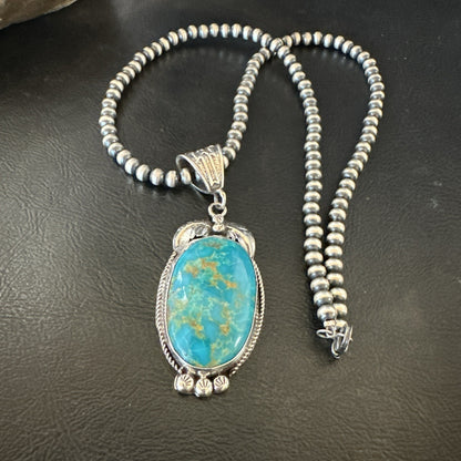 Mens Blue Kingman Turquoise Pendant Navajo Pearls Sterling Silver Necklace 19344