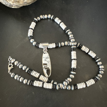 White Buffalo Turquoise Navajo Pearls Sterling Silver Onyx Necklace 17805