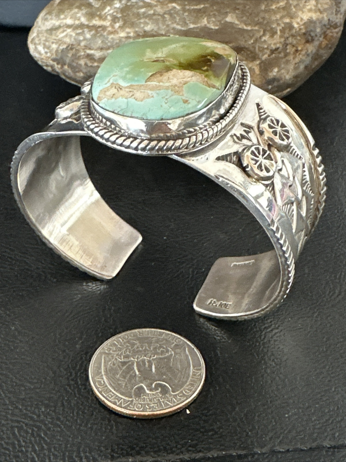 Navajo Women Green Royston Turquoise Stamped Sterling Silver Cuff Bracelet 17865