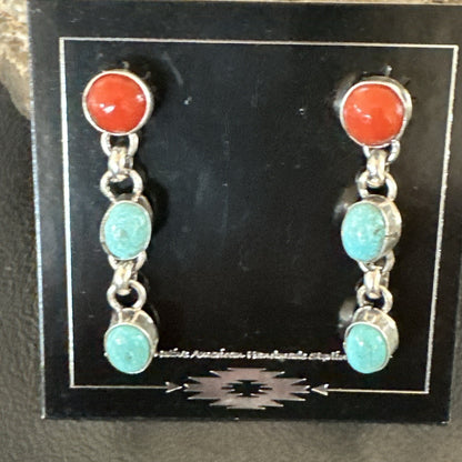 Blue Turquoise Red Spiny MultiColor Navajo Sterling Silver Inlay Earrings 18355