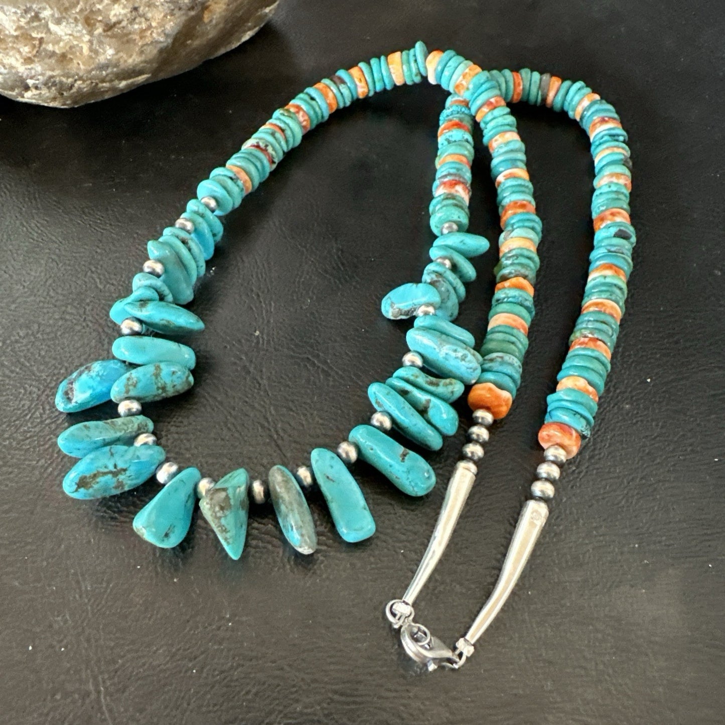 Mens Women Navajo Blue Turquoise Spiny Oyster Necklace Sterling Silver 24” 19506