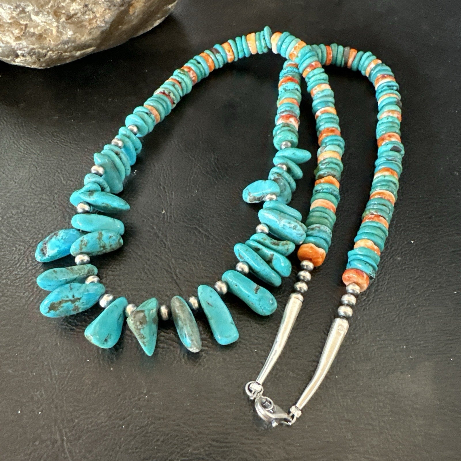 Mens Women Navajo Blue Turquoise Spiny Oyster Necklace Sterling Silver 24” 19506