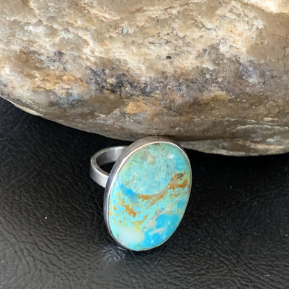 Blue Kingman Turquoise Oval Navajo Sterling Silver Ring Size 8 Adjustable 12800
