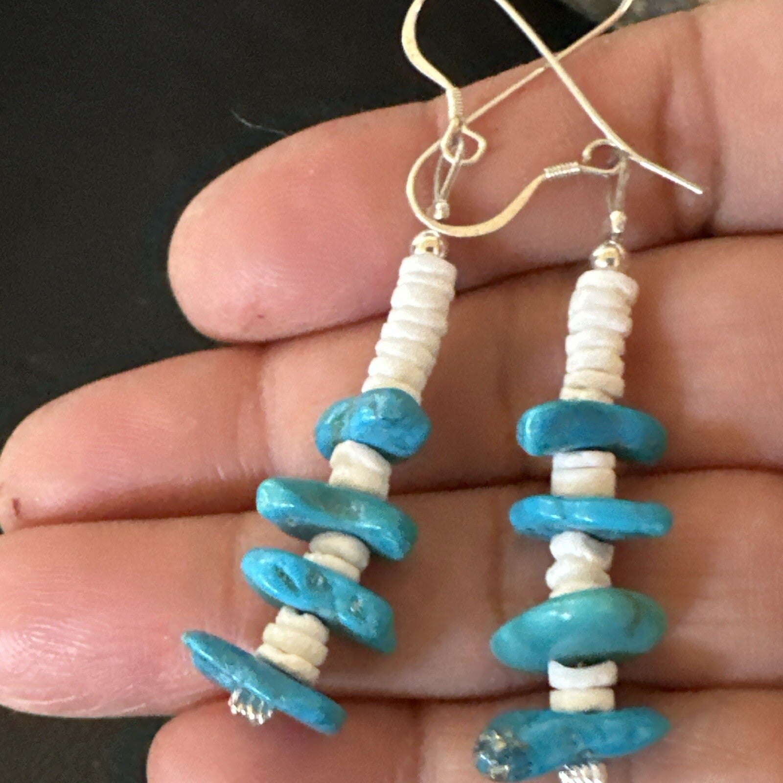Navajo Blue Kingman Turquoise Nugget Bead Sterling Silver Earrings 17845