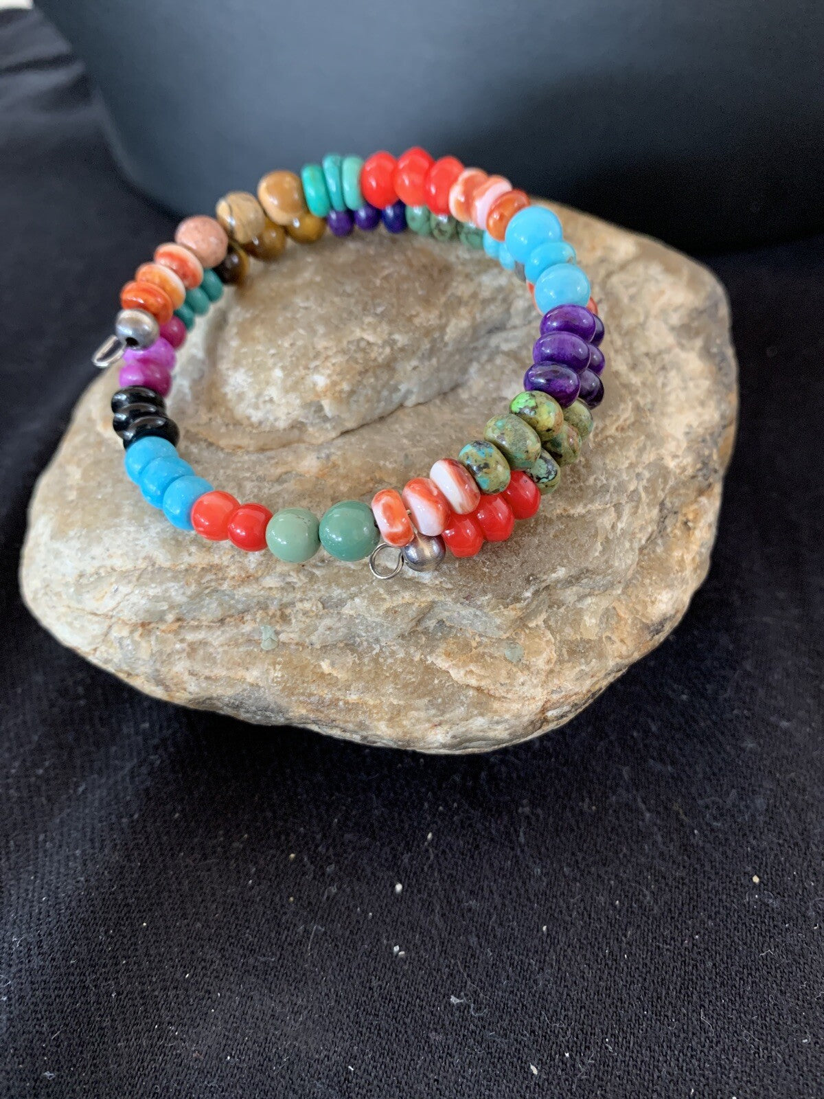 Turquoise, Coral, Tigers Eye, Onyx Navajo Stainless Memory Wire Bracelet 515