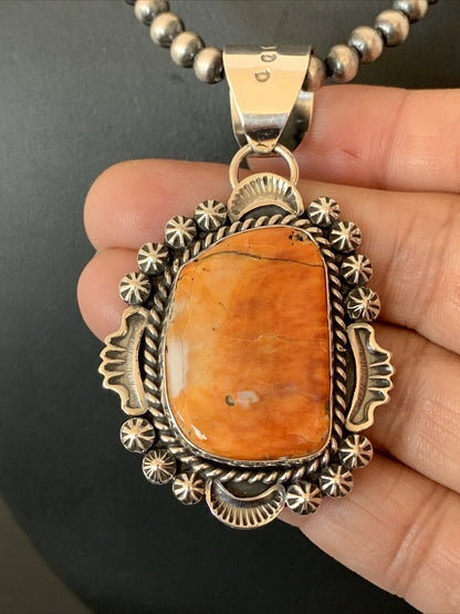 Sterling Silver Navajo Pearls Orange Spiny Oyster Pendant Necklace 00773