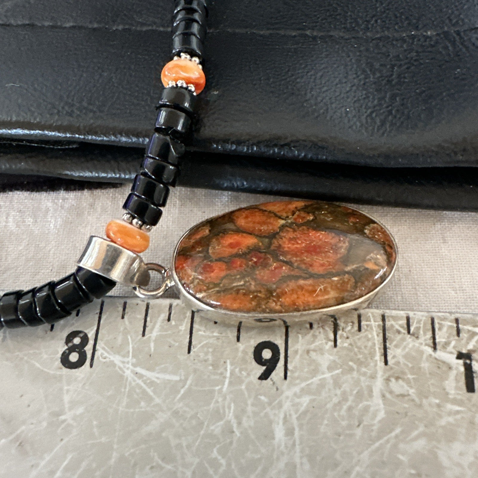 Orange Spiny Black Onyx Navajo Sterling Silver Pendant Necklace 20” 19638