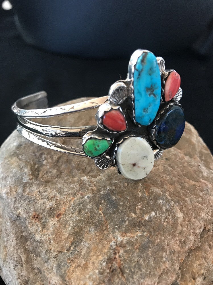 Navajo Wild Horse Turquoise Spiny Oyster Lapis Sterling Bracelet Platero