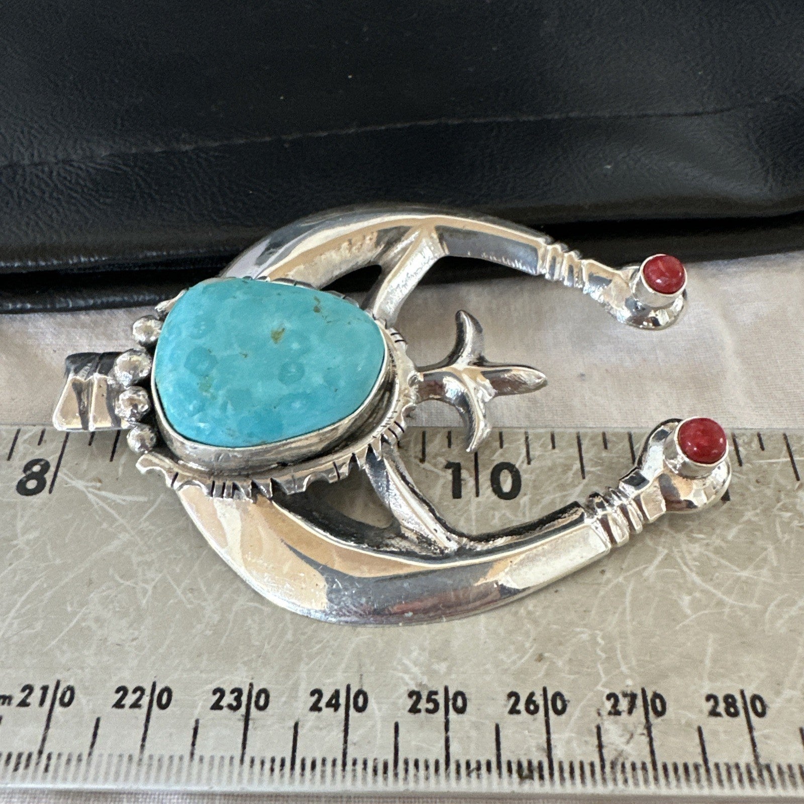 Tufa Cast Navajo Sterling Silver Blue Kingman Turquoise Coral Naja Pendant 19355