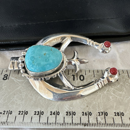 Tufa Cast Navajo Sterling Silver Blue Kingman Turquoise Coral Naja Pendant 19355