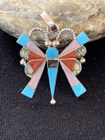 Turquoise Spiny & Mother Of Pearls Butterfly Sterling Silver Pin Pendant 01366