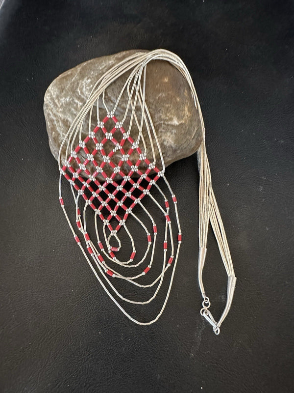 Red Coral Heishi Tubes Pendant 7 Strand Liquid Necklace | Sterling Silver | Authentic Native American Handmade | 19750