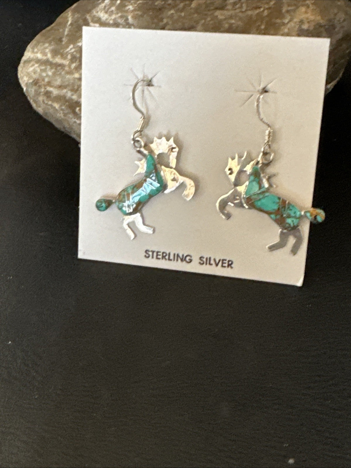 Turquoise Horse Inlay Navajo Sterling Silver Earrings 19826