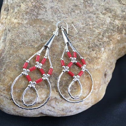 Native Red Coral Tube Heishi Dangle Liquid Sterling Silver Earrings 2" 03104