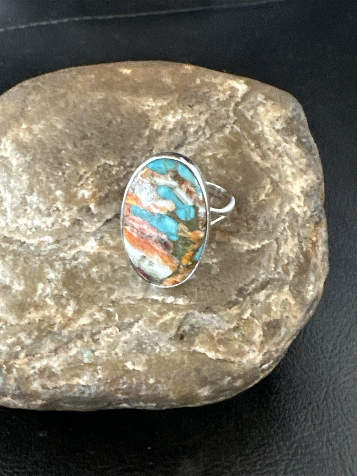 Blue Turquoise Orange Spiny Oyster Navajo Sterling Silver Ring Size 10 18208