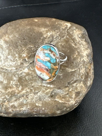 Blue Turquoise Orange Spiny Oyster Navajo Sterling Silver Ring Size 10 18208