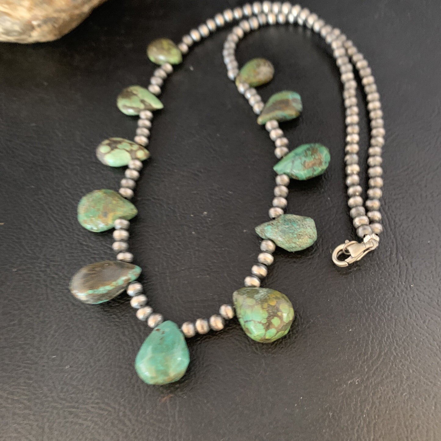 Green Turquoise Teardrop  Sterling Silver Beads Necklace 20" 13431