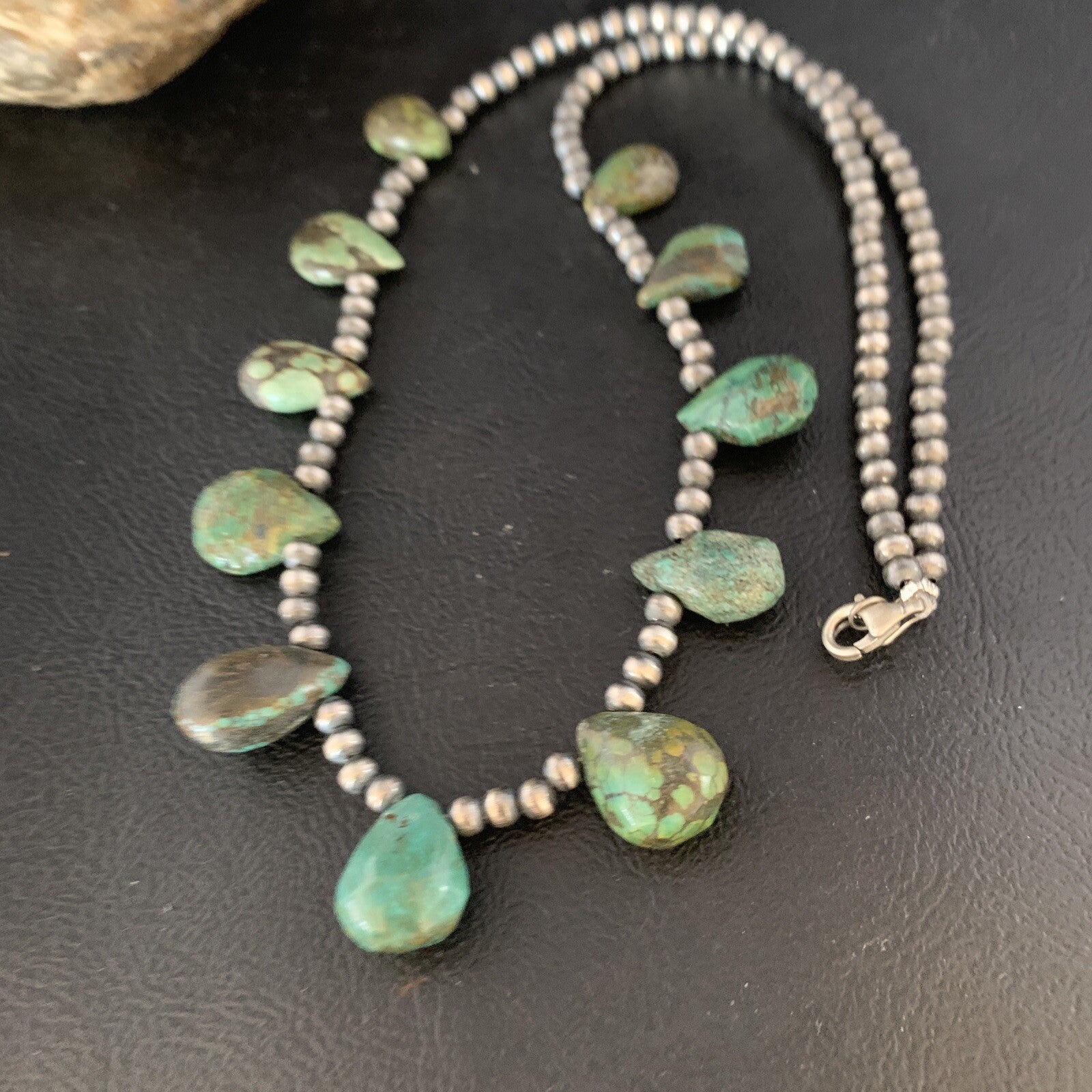 Green Turquoise Teardrop  Sterling Silver Beads Necklace 20" 13431