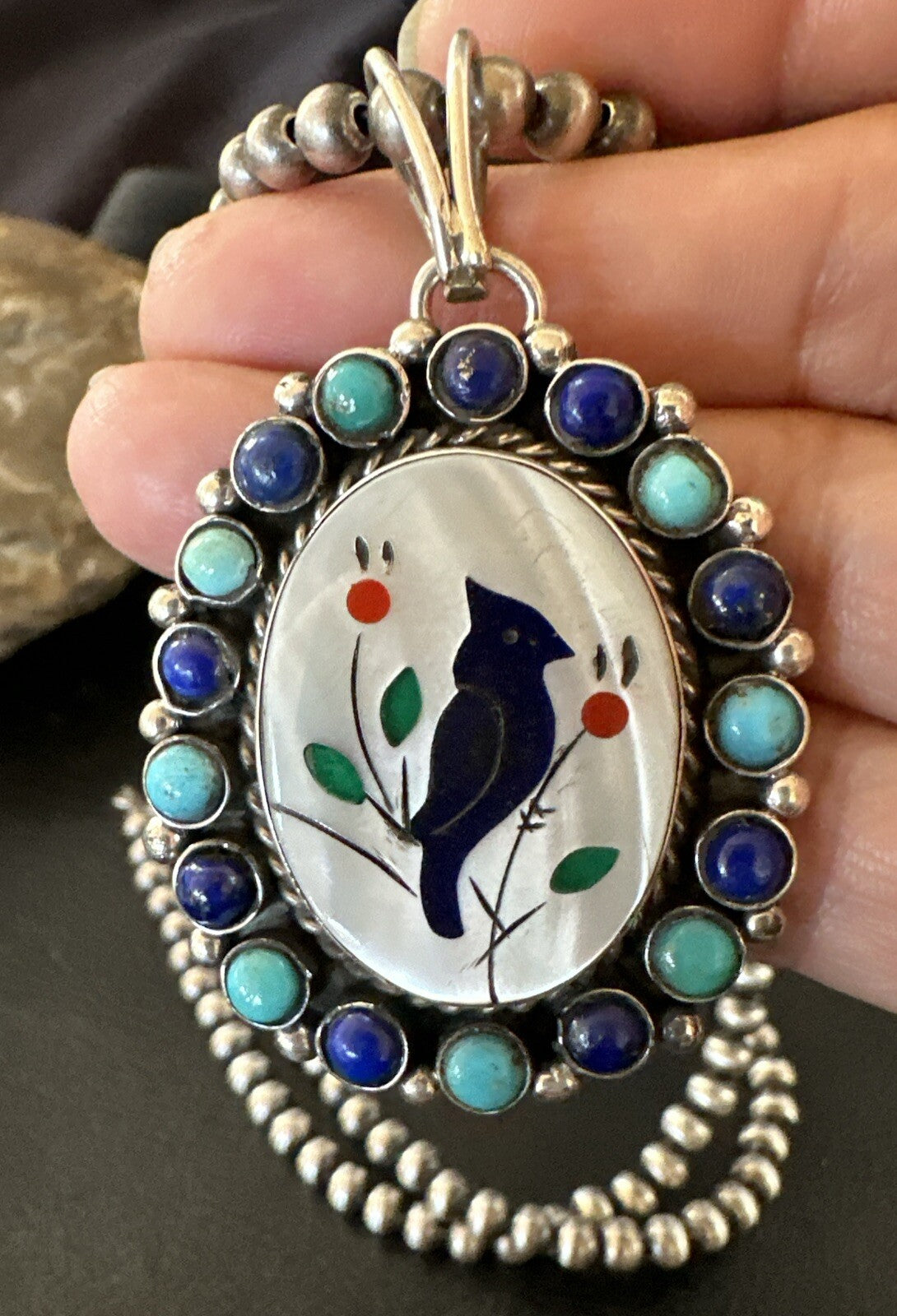 Blue Turquoise Black Onyx Inlay Pendant Sterling Silver Necklace 20�17926