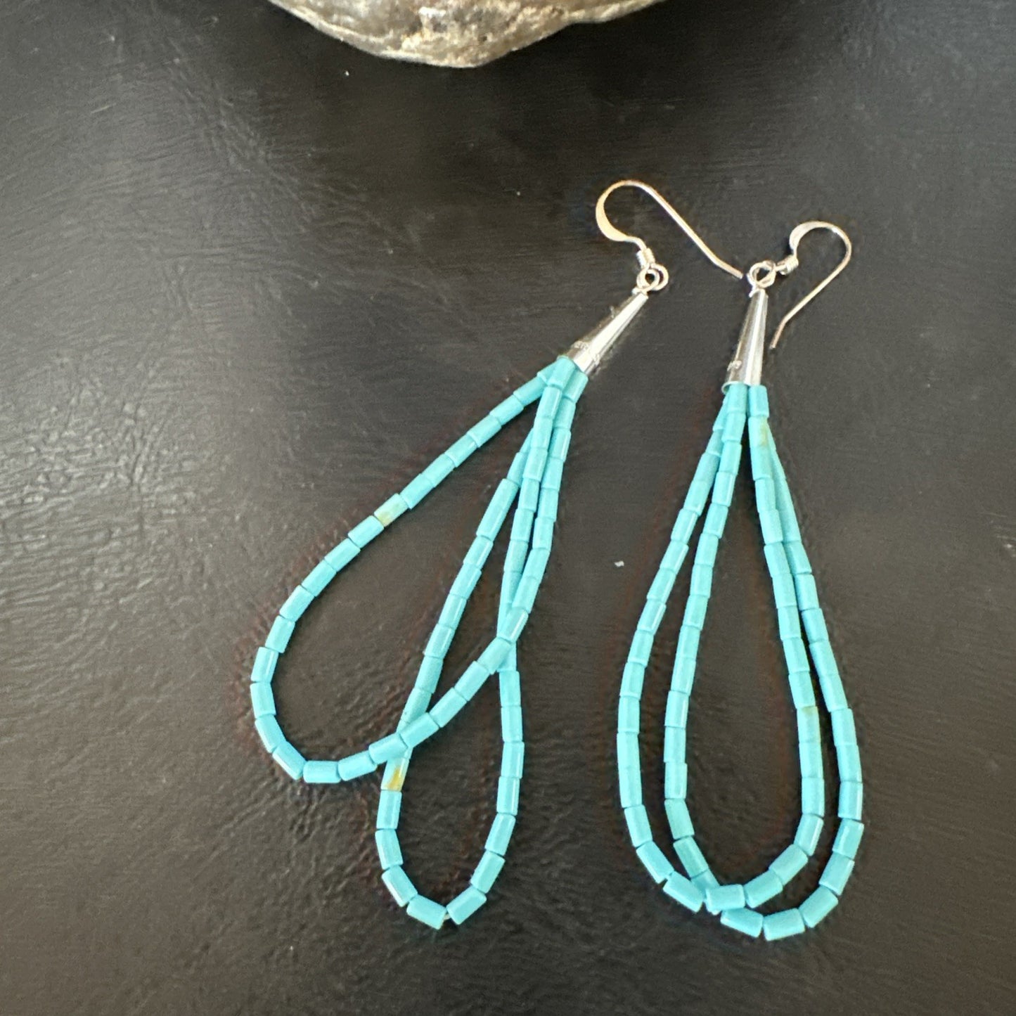 New Blue Turquoise Heishi 2 Strand Dangle Sterling Silver Earrings 3” 19039